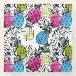 Pop-Kunst-Ananas und Palmblätter 2 Glasuntersetzer