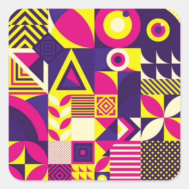 Pop Kunst, bunte geometrische Formen. Quadratischer Aufkleber (Vorderseite)