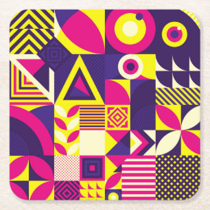 Pop Kunst, bunte geometrische Formen. Rechteckiger Pappuntersetzer