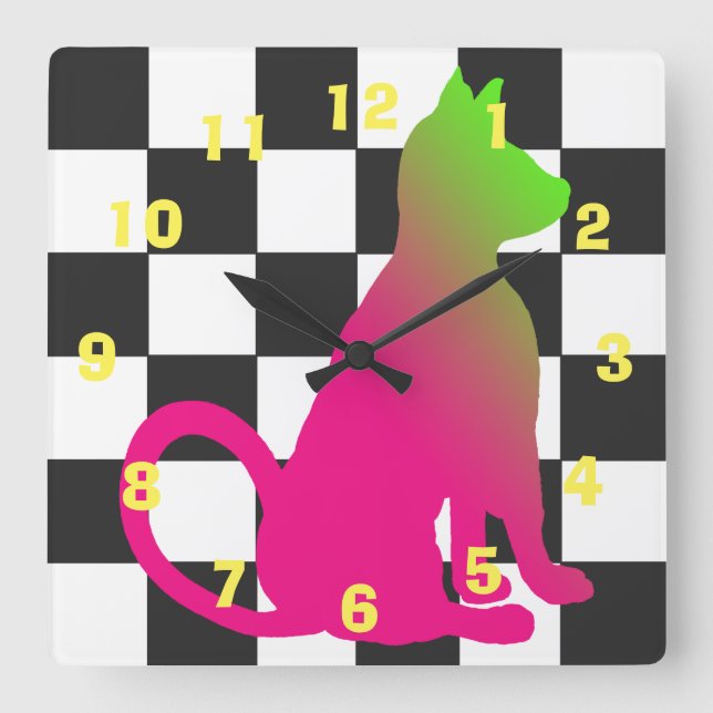 Pop-Kunst-Katzen-Schachbrett Brights CricketDiane Quadratische Wanduhr (Vorderseite)