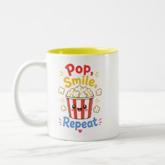 Pop, Lächeln, Wiederhole Süßes Popcorn-Design Zweifarbige Tasse