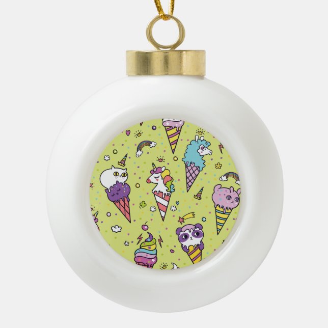 Pop Niedliche Eiscreme: Tiermuster Keramik Kugel-Ornament (Vorderseite)