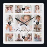 Pop Pop Script Family Memory Photo Grid Collage Quadratische Wanduhr<br><div class="desc">A beautiful personalized gift for your Pop Pop that he'll cherish for years to come. Features a modern thirteen photo grid collage layout to display 13 of your own special family photo memories. "Pop Pop" designed in a beautiful handwritten black script style. Each photo is framed with a simple gold-colored...</div>