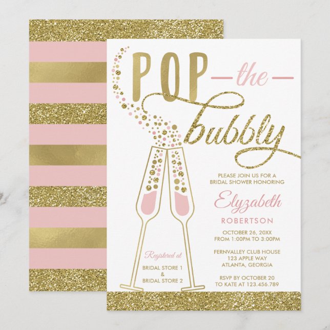 Pop The Bubbly Brautparty Einladung, Imitate Gold Einladung (Vorne/Hinten)