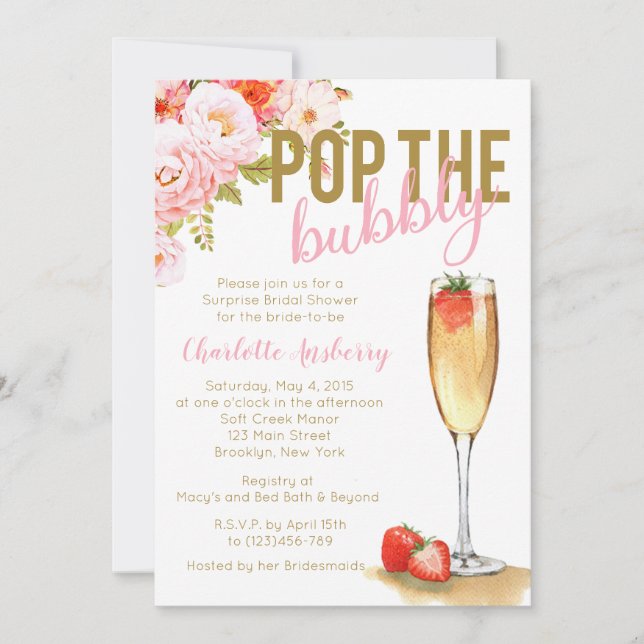 Pop The Bubbly Floral Bridal Douche Invitation (Devant)