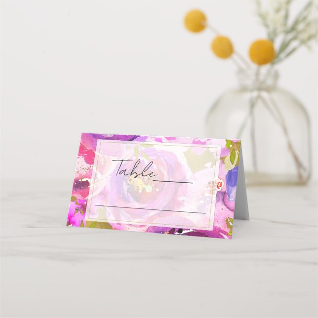 Pop von rosa und Lila floralen Hochzeiten Platzkarte (Vorderseite)
