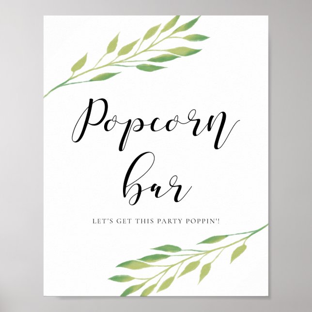 Popcorn Bar Aquarell Grüne Blätter Hochzeitsstift Poster (Vorne)