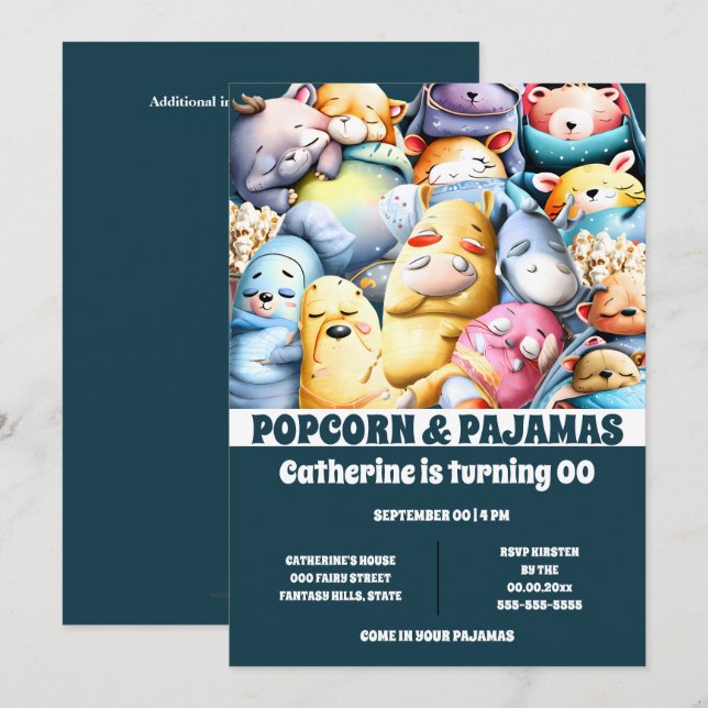 Popcorn-Cartoon-Tiere, die schlafen Einladung (Vorne/Hinten)