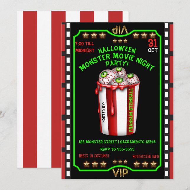 Popcorn Eyeballs Halloween Fright Night Movie Einladung (Vorne/Hinten)