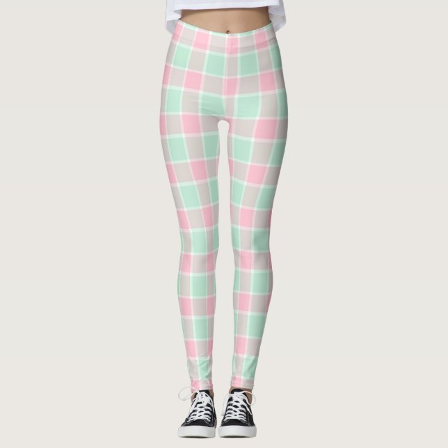 Popcorn Pink / Mint Plaid Leggings pour femmes (Devant)