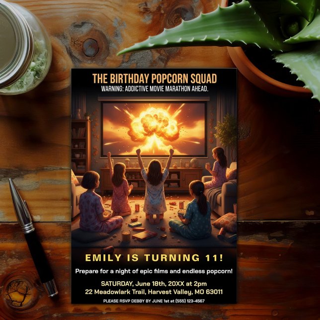 Popcorn Squad Movie Night Birthday Party Einladung (Von Creator hochgeladen)