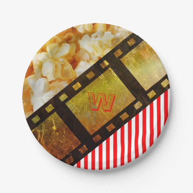 Popcorn- und Filmrollen-Film Gold schwarz, weiß Pappteller (Vorderseite)