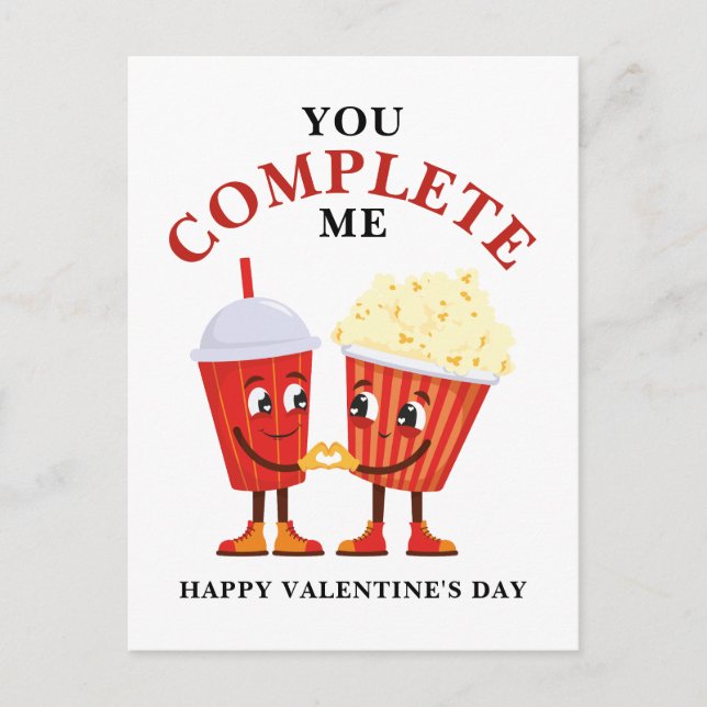Popcorn und Soda Sie vervollständigen mich Valenti Postkarte (Vorderseite)