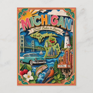 PopCut Staaten Michigan Farbige 3D-Papierkunst Postkarte