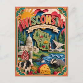 PopCut Staaten Wisconsin Farbige 3D-Papierkunst Postkarte
