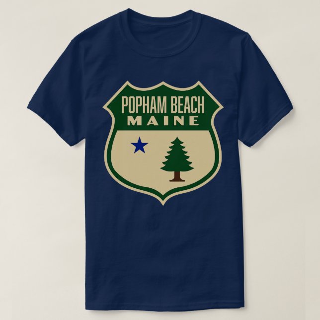 Popham Beach Maine Retro Pine Tree Shield Green T-Shirt (Design vorne)