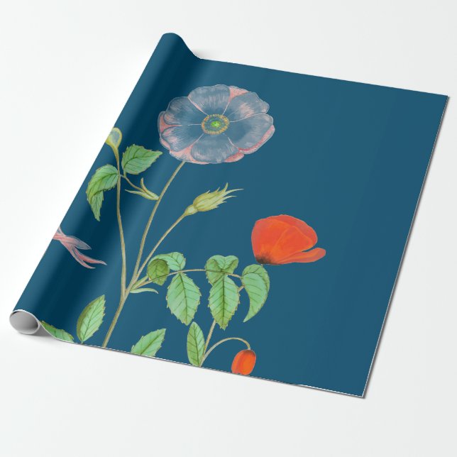 POPPIEN AUF DUNKELBLAUEM Wrapping Paper Geschenkpapier (Ungerollt)