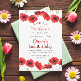 Poppies 2nd Second Birthday Girl Red Floral  Einladung