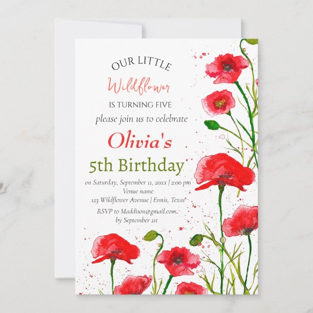 Poppies 5th Birthday Girl Red Floral Poppy Einladung (Vorderseite)