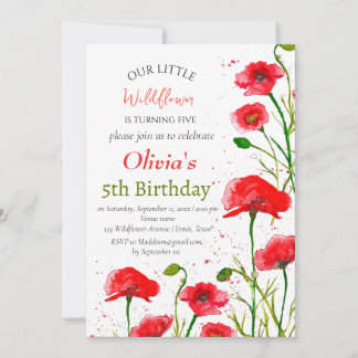 Poppies 5th Birthday Girl Red Floral Poppy Einladung