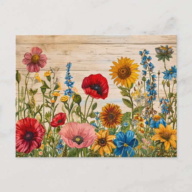 Poppies and Wildflowers on Soft Rustic Wood Postkarte (Vorderseite)