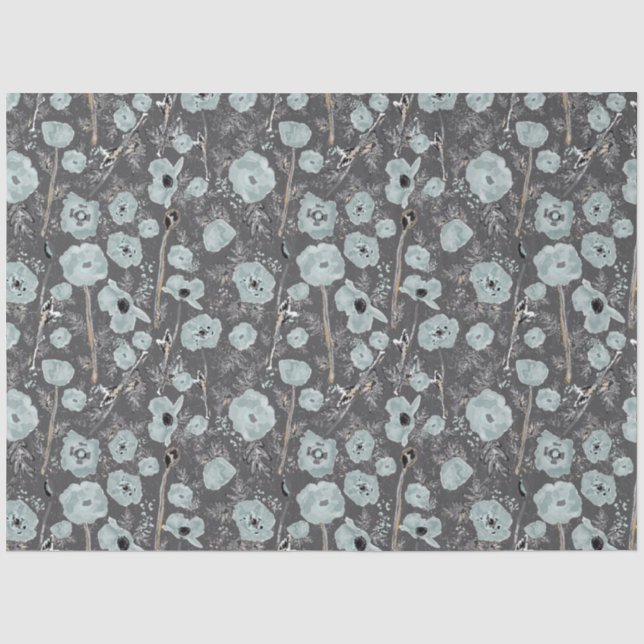 Poppies Blue Gray Charcoal Floral Seidenpapier (Vorderseite)