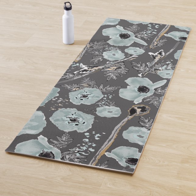 Poppies Blue Gray Holzkohle Wasserfarbene Flora Yogamatte (Beispiel)