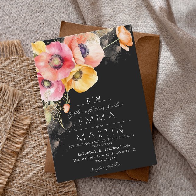 Poppies Blumenrot & Black Gold Hochzeit Einladung (Von Creator hochgeladen)