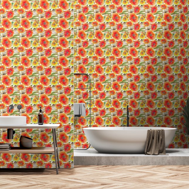 Poppies Bright Orange Yellow Green Tapete (Badezimmer)