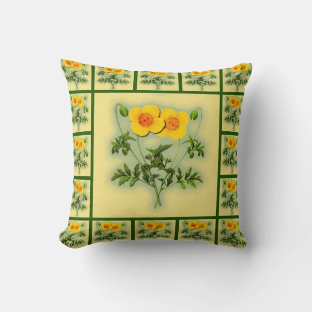 Poppies brillantes en Jaune avec Coussin de verdur (Recto)