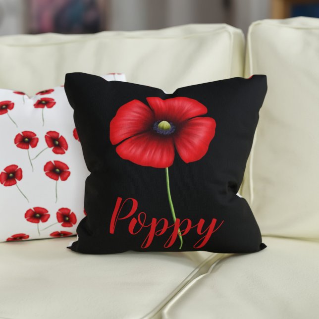 Poppies de fleurs rouges Motif oreiller à lancer (A pretty poppy pillow with space for your name)