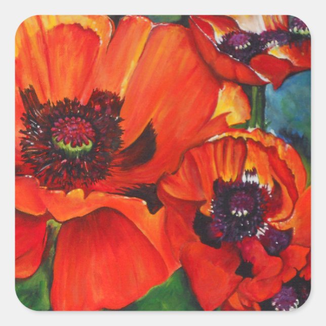 Poppies farbenfrohe Orangenmalerei Quadratischer Aufkleber (Vorderseite)