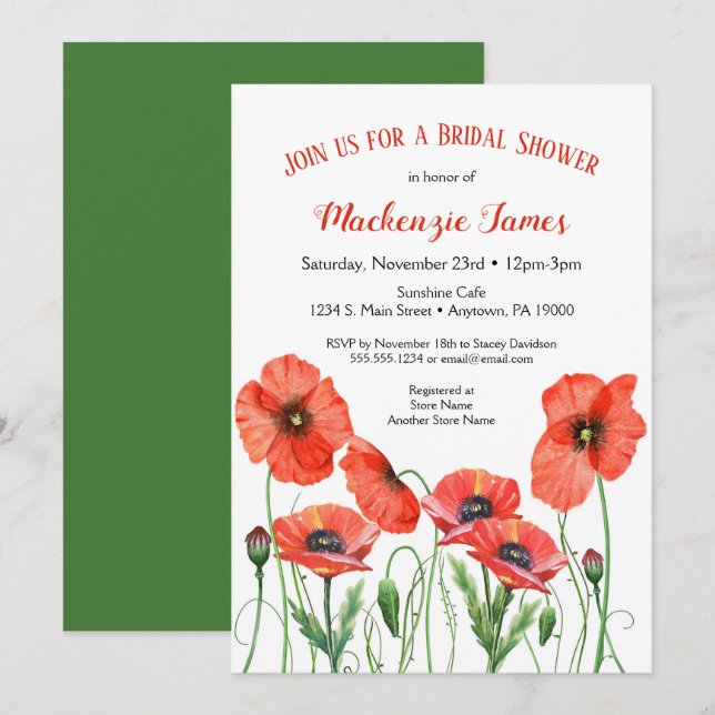 Poppies Floral Bridal Dusche Einladung Wasserfarbe (Vorne/Hinten)