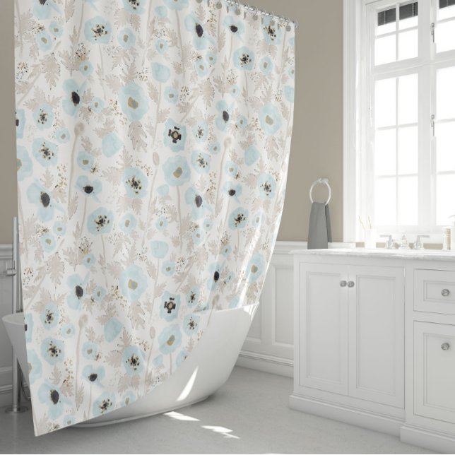 Poppies floral duschvorhang (Light Blue Tan Watercolor Floral Pattern Poppies Shower Curtain from Studio Posies.)
