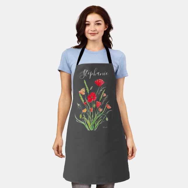 Poppies floraler Roter Mohn Botanischer Art Sommer Schürze (Getragen)