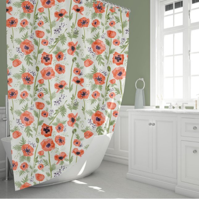 Poppies florales Muster Duschvorhang (Elegant Poppy Orange Floral Pattern Shower Curtain from Studio Posies.)