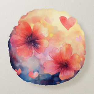 Poppies & Hearts – Coussin rond en aquarelle