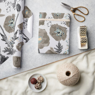 Poppies Modernes Graufarbenes Blumenmuster  Geschenkpapier