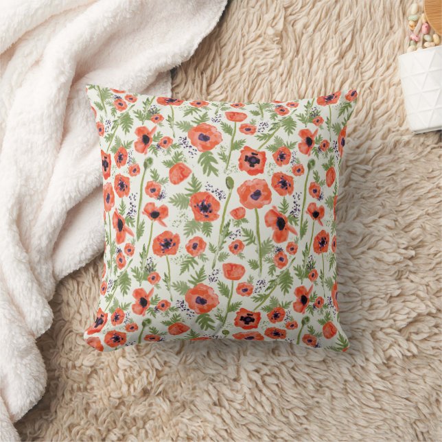 Poppies Orange Green Floral Pattern Kissen (Decke)