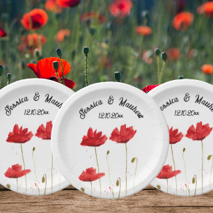 Poppies Poppy Rote Blüte Wasserfarben Hochzeiten Pappteller