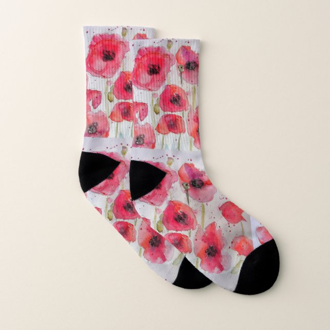 Poppies rouges Pavot Aquarelle de couleur florale  (Paire)