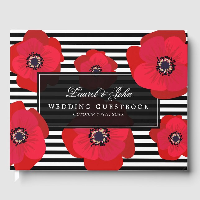 Poppies & Stripes - Schwarz & Rot Hochzeit Gästebuch (Vorderseite)