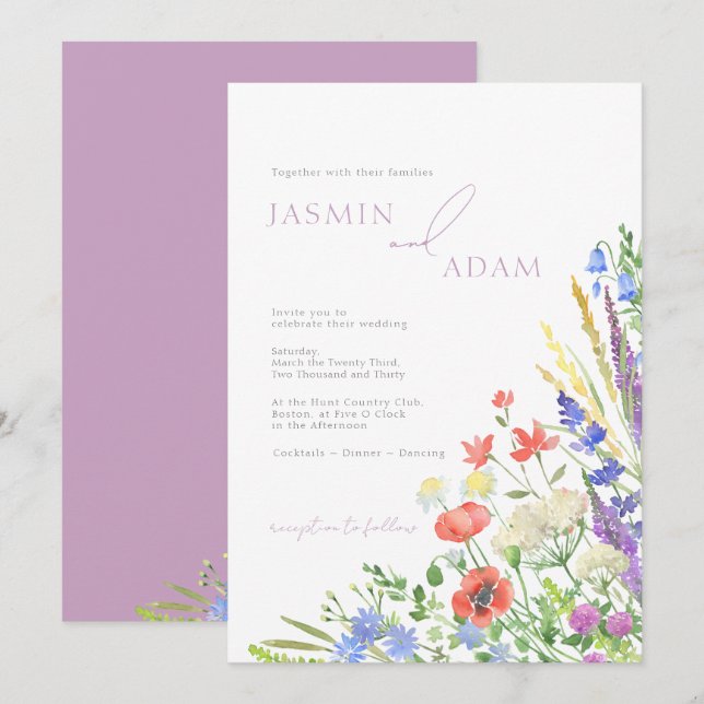 Poppies und Wildblumen Lavender Monogram Wedding Einladung (Vorne/Hinten)