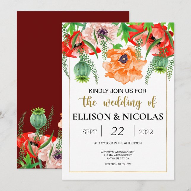 Poppies Watercolor Einladung zur Hochzeit (Vorne/Hinten)