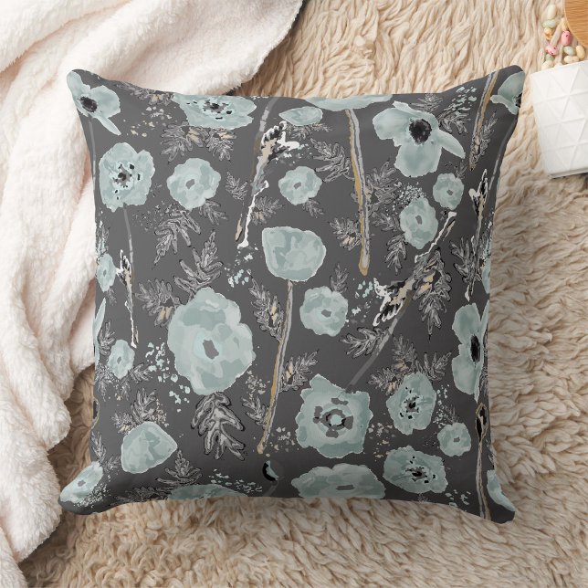 Poppies Watercolor Floral Blue Black Blume Kissen (Poppies Watercolor Floral Blue Black Flowers Throw Pillow from Jenn Steffen for Studio Posies. )