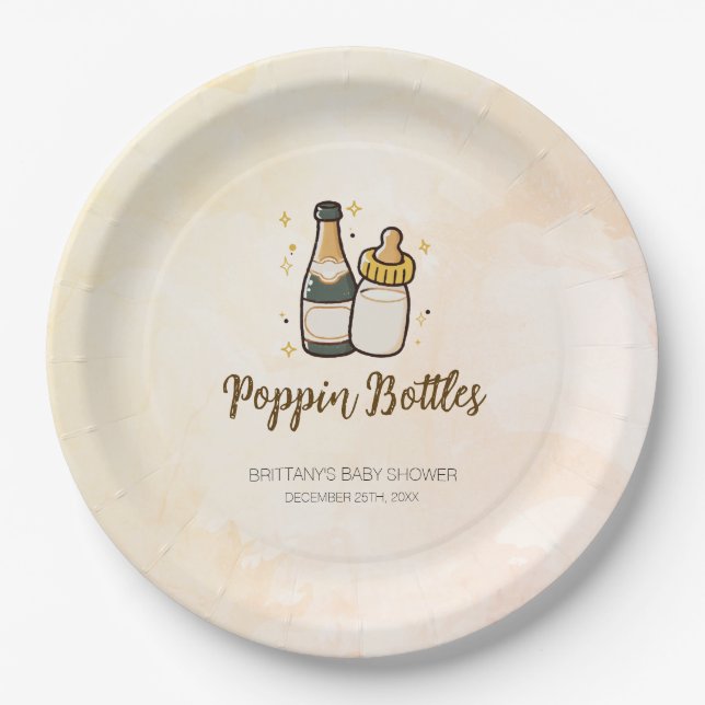 Poppin Flaschen Babydusche Coed Pappteller (Vorderseite)