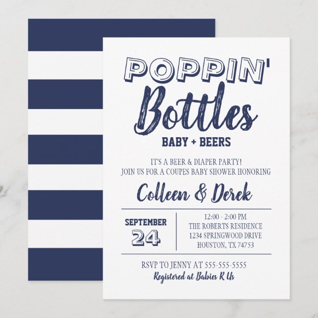 Poppin Flaschen Navy Blue Baby Dusche Einladung (Vorne/Hinten)