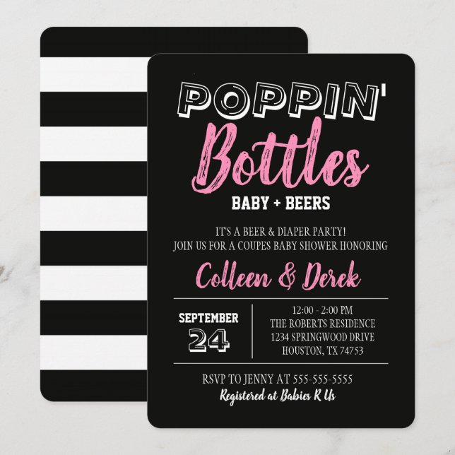 Poppin Flaschen Pink Babydusche Einladung (Vorne/Hinten)