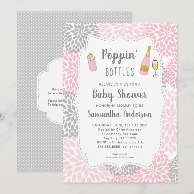 Poppin Flaschen Pink Gray Floral Baby Dusche Einladung (Vorne/Hinten)