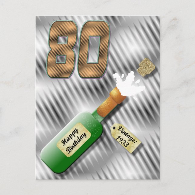 Popping Champagne Flasche 80. Geburtstag Postkarte (Vorderseite)